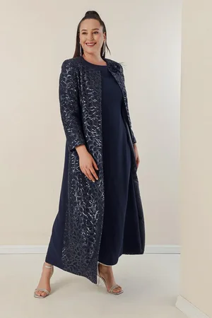 By Saygı Langes Kreppkleid Mit Halbmondärmeln Und Paillettenbesetztem Kaftan-futter An Den Ärmeln Und Vorne, 2-teiliges Set In Übergröße für Damen - 5XL