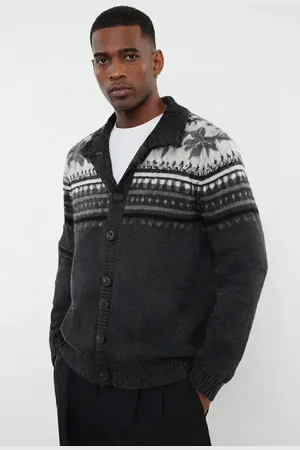 Trendyol Graue Strickjacke Im Ethnischen Stil – Halber Rollkragen, Normale Passform für Herren - M
