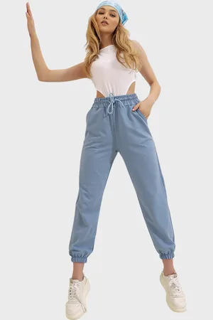 Trend Alacati stili Himmelblaue Jogginghose Mit Elastischem Bein Und Zwei Fäden für Damen - XL