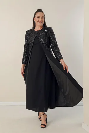 By Saygı Langes Kreppkleid Mit Halbmondärmeln Und Paillettenbesetztem Kaftan-futter An Den Ärmeln Und Vorne, 2-teiliges Set In Übergröße für Damen - 4XL