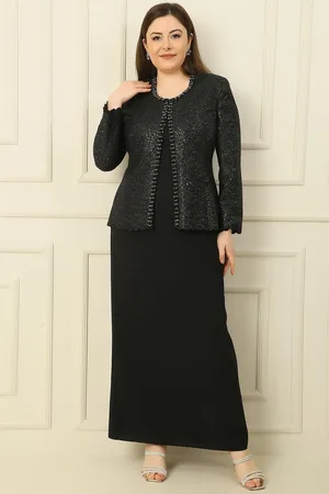 By Saygı 2-teiliges Set Mit Kragen, Steinfutter, Langem Kreppkleid Und Paillettenjacke In Übergröße für Damen - 3XL