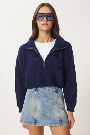 Happiness istanbul Marineblauer Rollkragenpullover Mit Reißverschluss für Damen - One Size