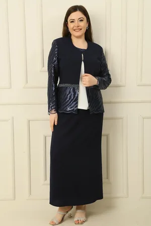 By Saygı Bluse Mit Halbmondärmeln, Paillettenstickerei, Perlendetails, Jacke Und Rock, Gefüttert, Große Größe, 3-teiliges Set für Damen - 5XL