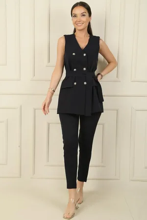 By Saygı Hose Mit Schmalem Bein Und Weste – 2-teiliges Set Mit 6 Knöpfen Und Gürtel für Damen - S