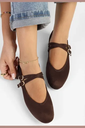 Shoeberry Fiesty Ballerinas Aus Braunem Wildleder Mit Doppeltem Riemen für Damen - 39