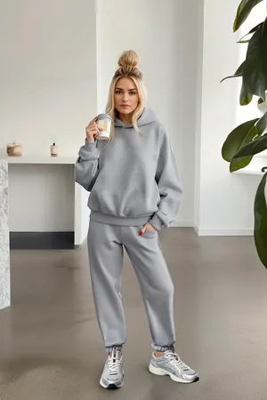 Trendyol Dick Geschnittenes, Graumeliertes Fleece-trainingsanzug-set Mit Kapuze - für Damen - M