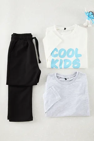 Trendyol Ecru-graues 3-teiliges Strickset Für Jungen – Slogan für Herren - 11–12 Jahre