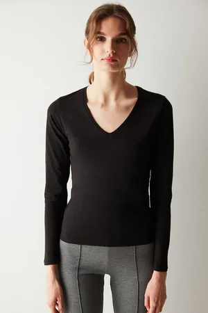 Penti Baumwolle V-ausschnitt Basic Langarm Top für Damen - S