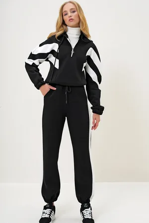 Trend Alacati stili Schwarzes Sweatshirt Mit Kapuze Und Halbem Reißverschluss Und Elastischem Bein-trainingsanzug-set für Damen - S