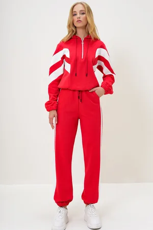 Trend Alacati stili Rotes Sweatshirt Mit Kapuze Und Halbem Reißverschluss Und Elastischem Bein-trainingsanzug-set für Damen - L