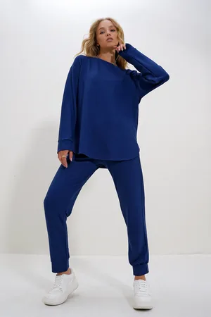 Trend Alacati stili Marineblaues, Weich Strukturiertes Modal-trainingsanzug-set – Rundhalsausschnitt, Seitliche Schlitze, Alc-x12677 für Damen - S