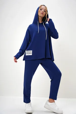 Trend Alacati stili Saks Trainingsanzug-set Mit Kapuze, Zwei Fäden, Mit Wappen, für Damen - S