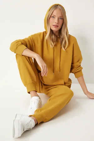 Happiness istanbul Senffarbenes Oversize-kapuzen-sweatshirt- Und Jogginghose-set – für Damen - 34