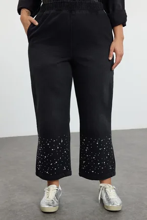 Trendyol Anthrazitfarbene, Gerade Jeans In Übergröße Mit Steindetails – Elastische Taille für Damen - 48