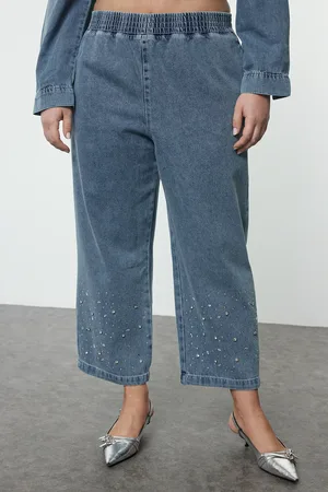 Trendyol Hellblaue Stone Straight Fit Jeans In Übergröße für Damen - 48
