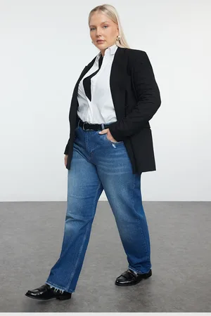 Trendyol Blaue Jeans Mit Hoher Taille – Relax Straight Fit, Destroy Detail, Übergröße für Damen - 44