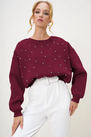 Trend Alacati stili Burgunderfarbenes Raised-sweatshirt – Rundhalsausschnitt, Perlenanzünder, Drei Fäden für Damen - L/XL