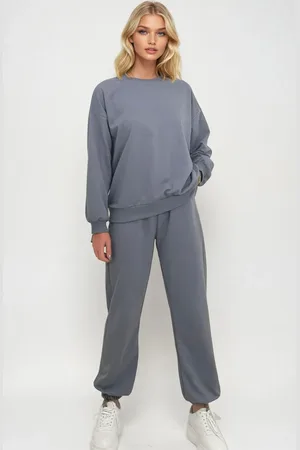 Trend Alacati stili Graues Trainingsanzug-set Mit Rundhalsausschnitt Und Elastischen Beinen – für Damen - L