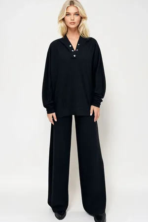 Trend Alacati stili Schwarzes Set Mit Kapuzen-sweatshirt Und Hose In Übergröße für Damen - M