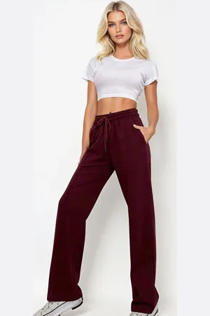 Trend Alacati stili Burgunderfarbene Jogginghose Mit Hoher Taille Vorne, Gras, Weitem Bein Und Doppelter Tasche für Damen - S