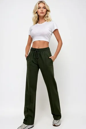 Trend Alacati stili Khakifarbene Jogginghose Mit Hoher Taille Und Geraster Vorderseite Und Weitem Bein Und Zwei Taschen für Damen - S