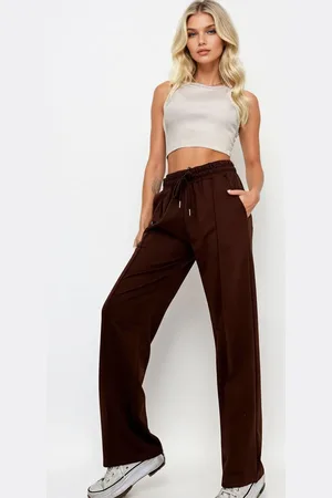 Trend Alacati stili Braune Jogginghose Mit Hoher Taille Vorne, Gras, Weitem Bein Und Doppelter Tasche für Damen - S