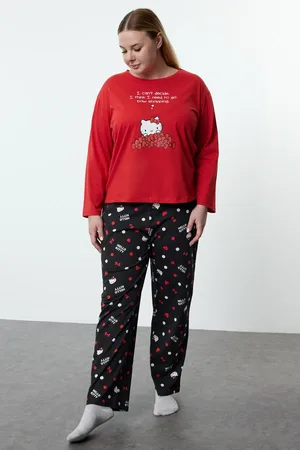 Trendyol Hello Kitty Lizenziertes Schwarz-rotes Strick-pyjama-set – für Damen - 5XL