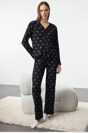 Trendyol Schwarz- Gebürstetes Weiches Band/schleife Geripptes Strickpyjama-set für Damen - L