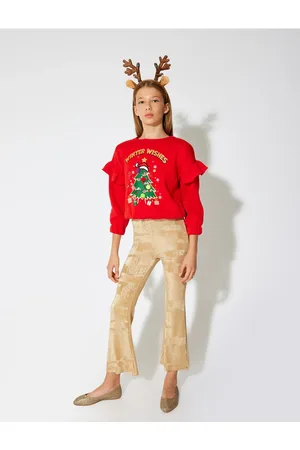Koton Weihnachtsbaum-bedrucktes Sweatshirt Mit Rüschen Und Pompom-detail für Damen - 9–10 Jahre