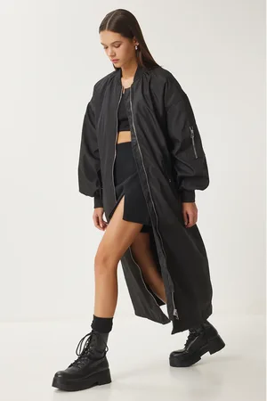 Happiness istanbul Schwarzer, Übergroßer, Langer, Gewebter Trenchcoat Mit Reißverschluss Fn03436 für Damen - Standard