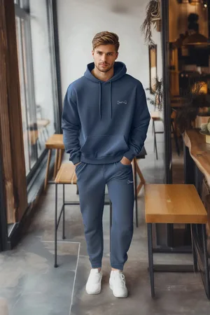 Trendyol Übergroßes Fleece-trainingsanzug-set Mit Kapuze Und Indigo-stickerei – für Herren - XL