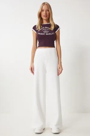 Happiness istanbul Ecrufarbene Jogginghose Mit Weitem Bein Und Hohem Bund für Damen - 40