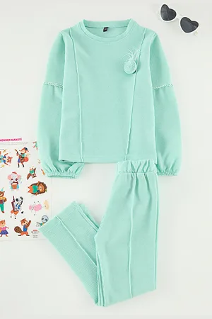 Trendyol Mintfarbenes Sweatshirt- Und Jogginghose-set Mit Rosafarbenen Applikationen Für Mädchen – für Damen - 8–9 Jahre