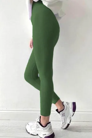 MADMEXT Khakifarbene Gerippte Leggings Mit Hoher Taille Mg1625 für Damen - M