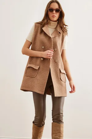 Olalook Camel Buttoned Pocket Boucle Vestylk- 19000050 für Damen - L