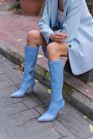 Madamra Blaue Denim-overknee-stiefel Mit Dünnem Absatz für Damen - 38