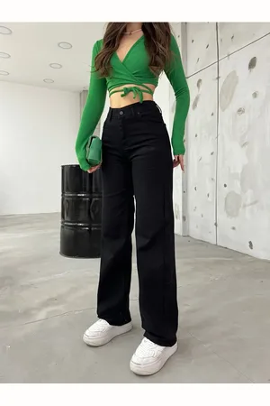 BİKELİFE Schwarze, Hoch Taillierte, Dehnbare Lycra-jeans Mit Weitem Bein für Damen - 40