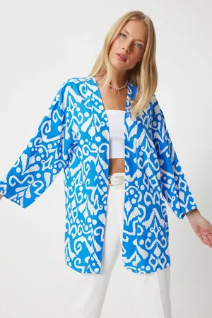 Happiness istanbul Vivid Blue Gemusterter Viskose-kimono für Damen - 42