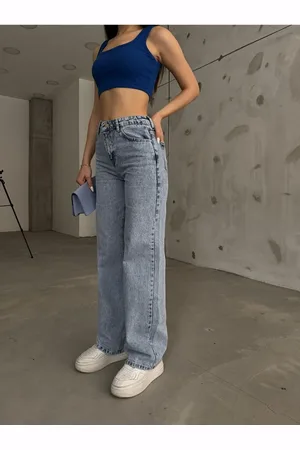 BİKELİFE Hellblaue Snow-wash-jeans Mit Hoher Taille, Dehnbarem Lycra Und Weitem Bein für Damen - 42