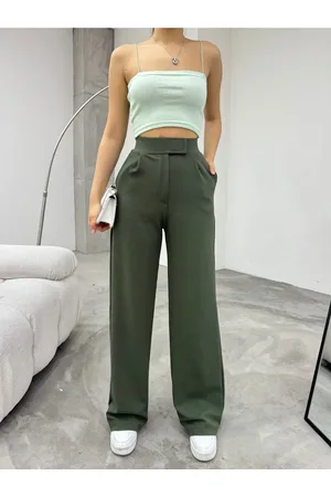BİKELİFE Khakifarbene Palazzo-hose Mit Weitem Bein Und Klettverschluss Aus Lycra für Damen - XL
