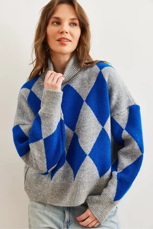 Olalook Grauer Rollkragenpullover Mit Rautenmuster , Oversize-strickpullover Kzk- 19000941 für Damen - One Size