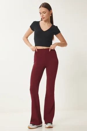Happiness istanbul Burgunderrote Strick-leggings Mit Hoher Taille Und Spanischem Bein für Damen - 38