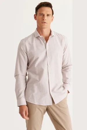 Altınyıldız Classics Weißbraunes Slim-fit-hemd Aus 100 % Dobby-baumwolle Mit Kleinem Italienischen Kragen Und Schmaler Passform für Herren - XL
