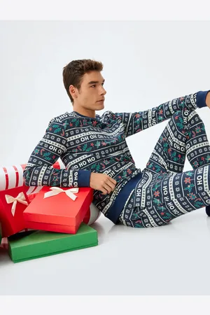 Koton Gemütlich Geschnittenes Baumwoll-strick-pyjama-set Mit Weihnachtsmotiv für Herren - L