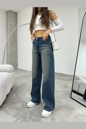 BİKELİFE Marineblaue, Blasse Lycra-jeans Mit Hoher Taille Und Weitem Bein, Salaş Palazzo Jeans für Damen - 38