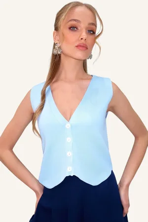 Trend Alacati stili Babyblaue Sommer-strickweste Mit V-ausschnitt Und Knöpfen für Damen - Standard