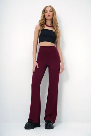 Trend Alacati stili Leggings Aus Modal Mit Breitem Bund In Burgunderrot – Spanisches Bein für Damen - L