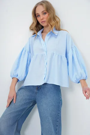 Trend Alacati stili Babyblaues Leinenhemd Mit Ballonärmeln Und Elastischem Saum für Damen - S