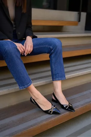 Madamra Detaillierte Ballerinas Aus Schwarzem Lackleder für Damen - 37