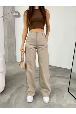 BİKELİFE Beigefarbene, Flexible Lycra-palazzo-hose Mit Weitem Bein Und Hoher Taille für Damen - S